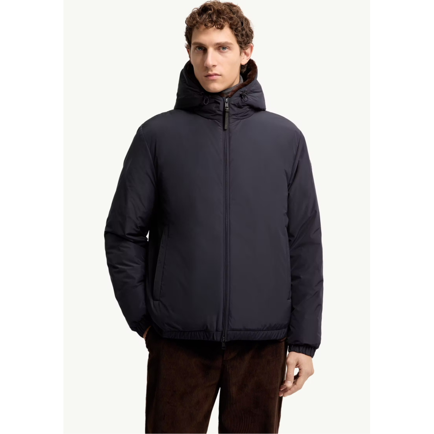 Doudoune courte MONCLER Zambood nylon bleu marine capuche fourrure marron