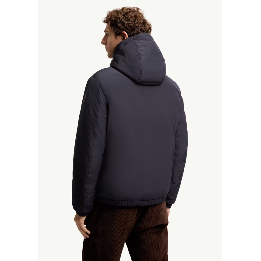 Doudoune courte MONCLER Zambood nylon bleu marine capuche fourrure marron