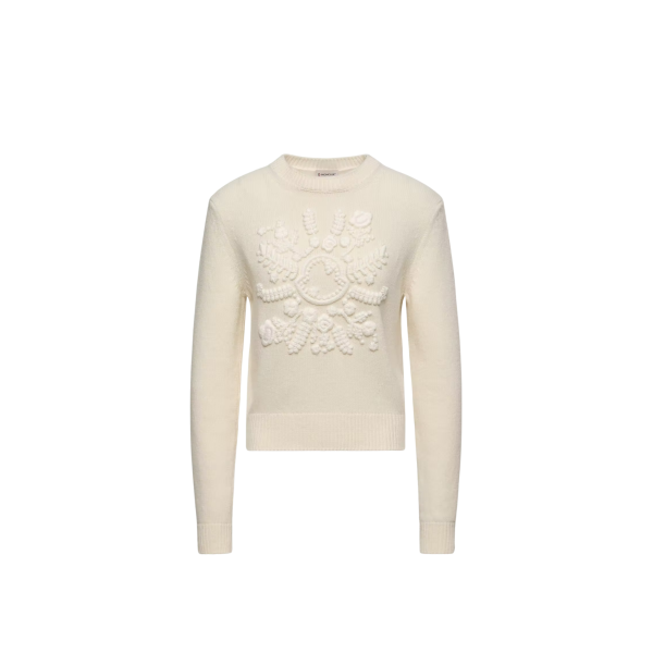 Pull col rond MONCLER en laine et cachemire mélangés écru broderie flocon blanc