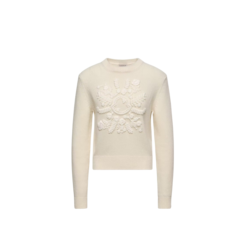 Pull col rond MONCLER en laine et cachemire mélangés écru broderie flocon blanc