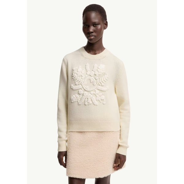 Pull col rond MONCLER en laine et cachemire mélangés écru broderie flocon blanc