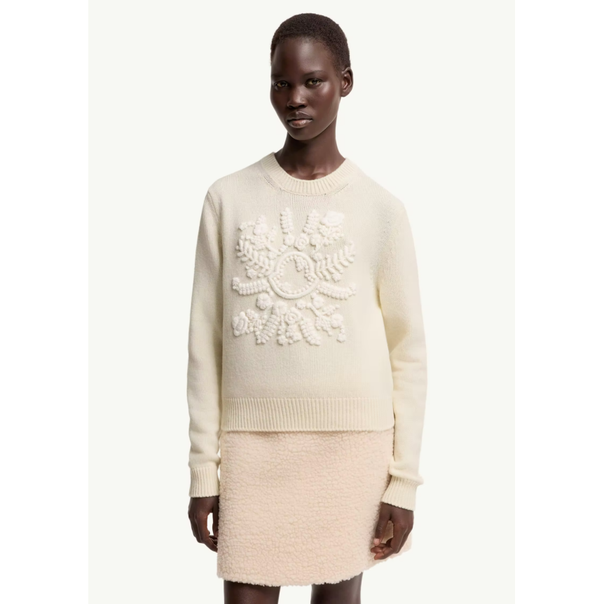 Pull col rond MONCLER en laine et cachemire mélangés écru broderie flocon blanc