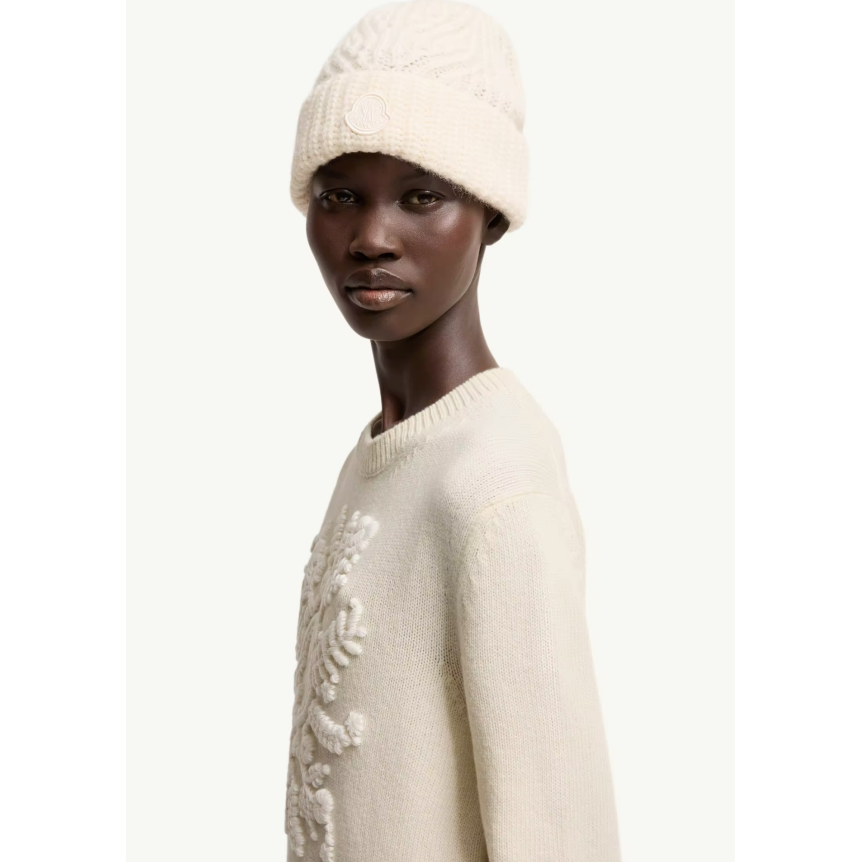Pull col rond MONCLER en laine et cachemire mélangés écru broderie flocon blanc