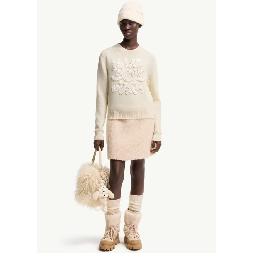 Pull col rond MONCLER en laine et cachemire mélangés écru broderie flocon blanc