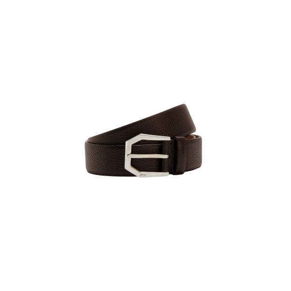 Ceinture BRIONI en cuir de veau grainé marron boucle acier