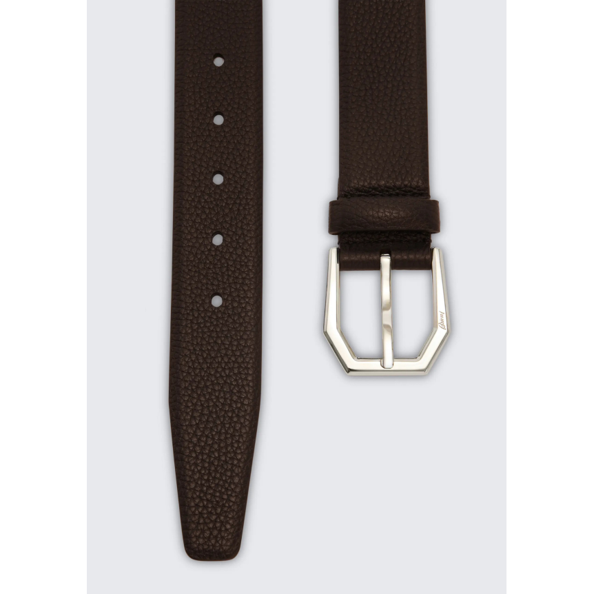 Ceinture BRIONI en cuir de veau grainé marron boucle acier