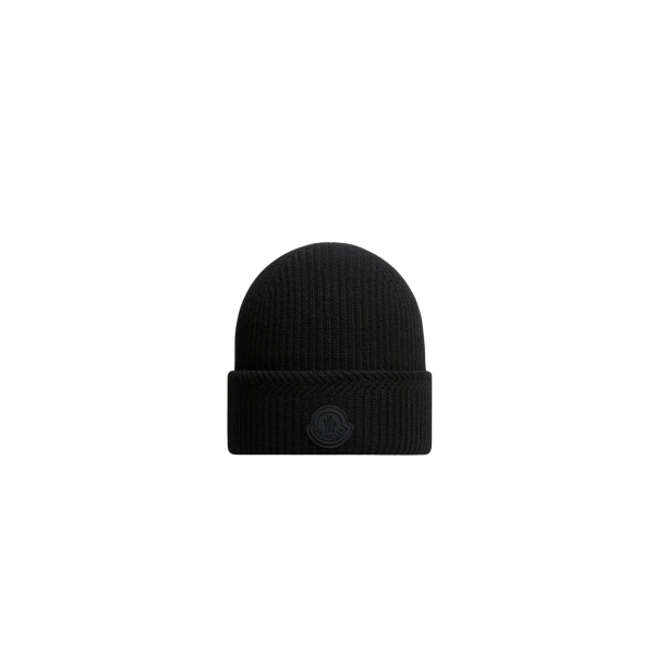 MONCLER Bonnet en laine et cachemire noir à logo noir mat