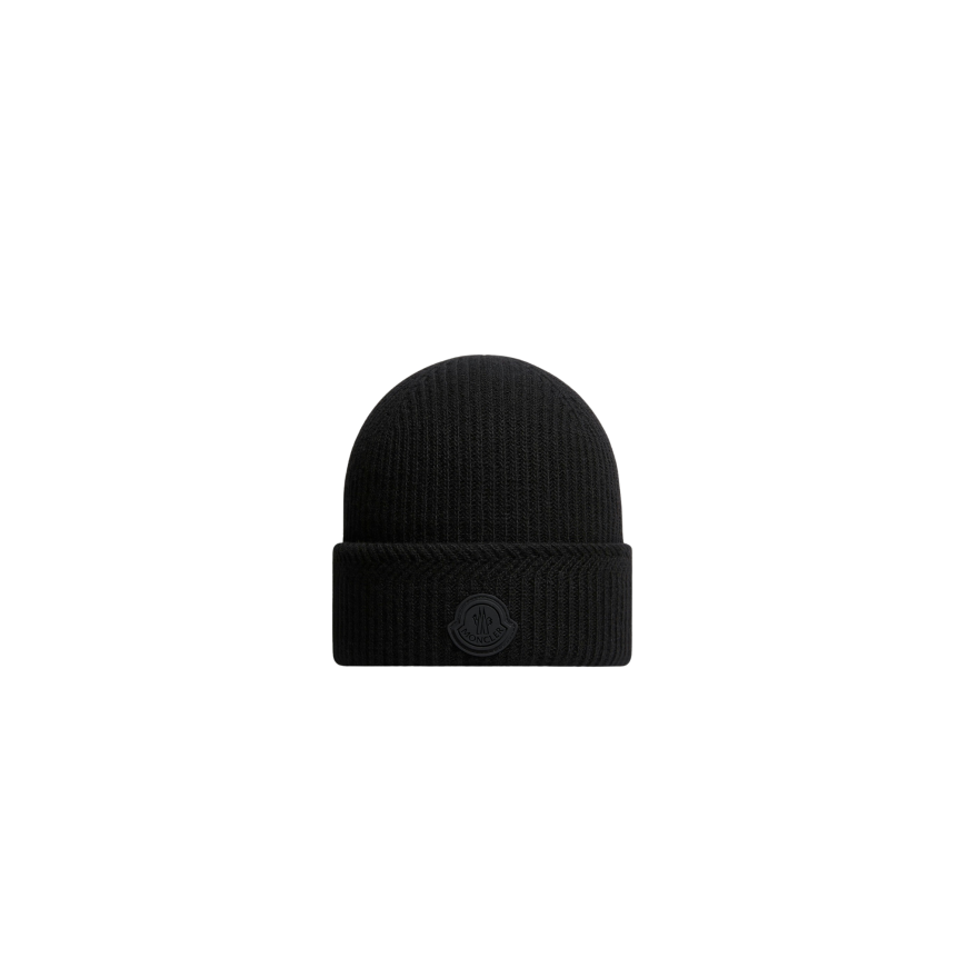 MONCLER Bonnet en laine et cachemire noir à logo noir mat