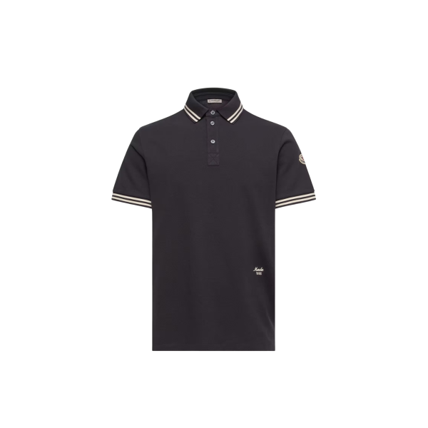 Polo MONCLER piqué de coton noir poche poitrine liseret cuir logo