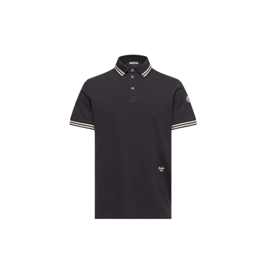 Polo MONCLER piqué de coton noir poche poitrine liseret cuir logo