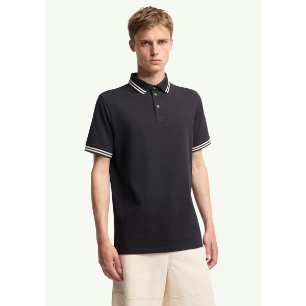 Polo MONCLER piqué de coton noir poche poitrine liseret cuir logo