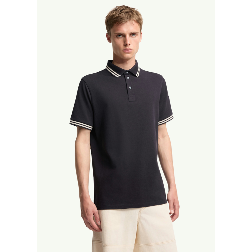 Polo MONCLER piqué de coton noir poche poitrine liseret cuir logo