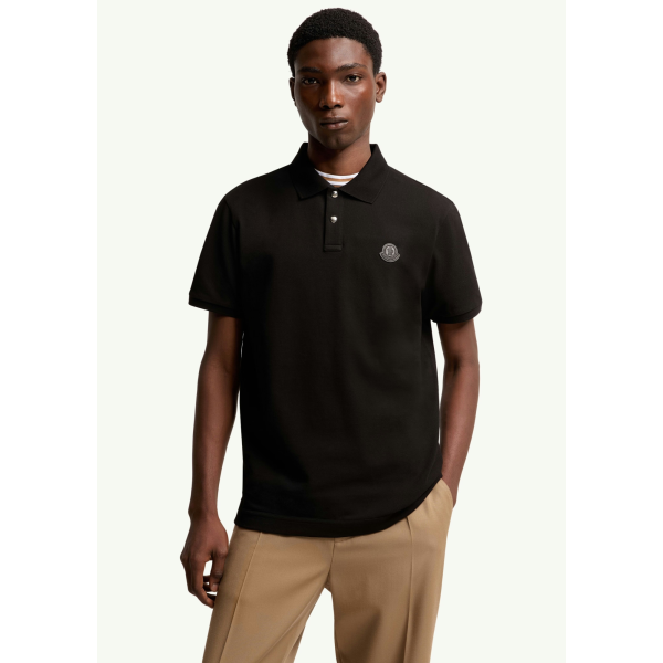 Polo MONCLER en piqué de coton noir broderie logo cuir noir