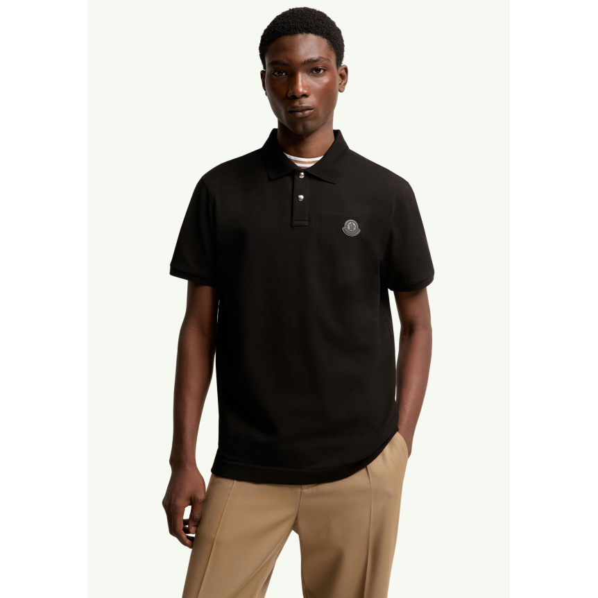 Polo MONCLER en piqué de coton noir broderie logo cuir noir