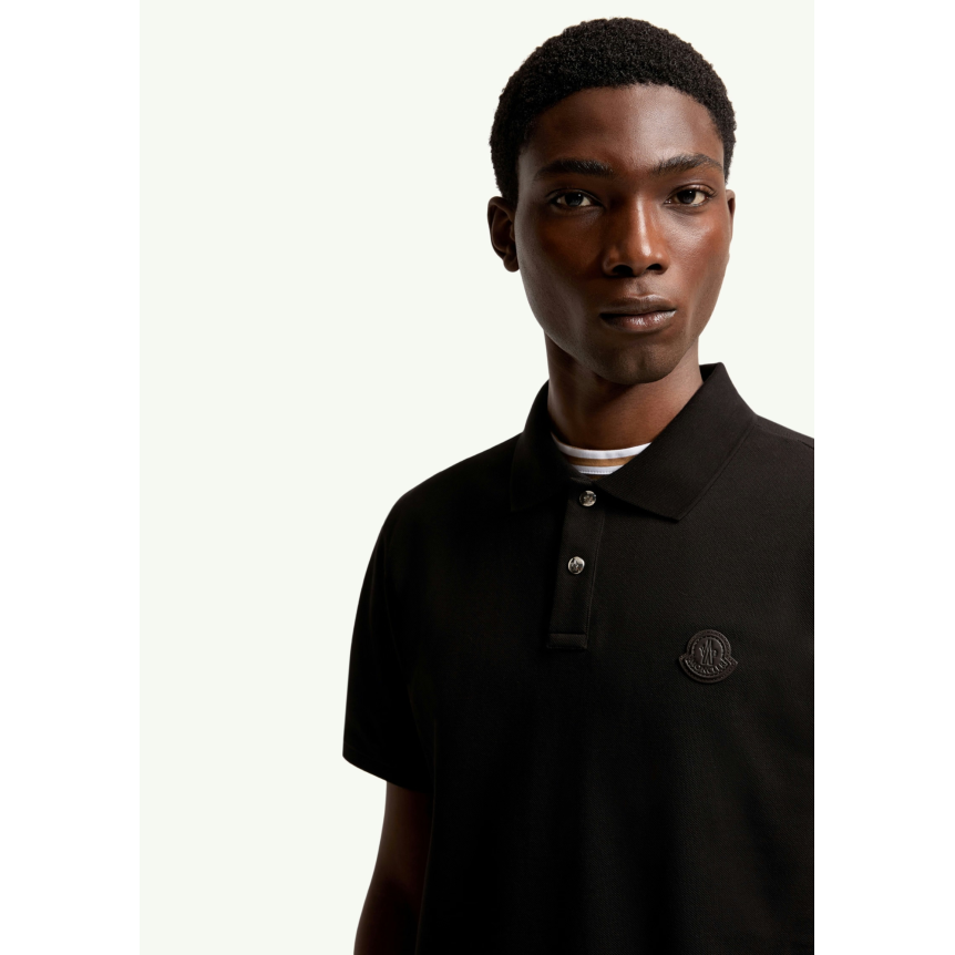 Polo MONCLER en piqué de coton noir broderie logo cuir noir