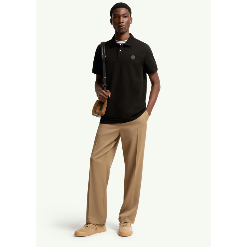 Polo MONCLER en piqué de coton noir broderie logo cuir noir