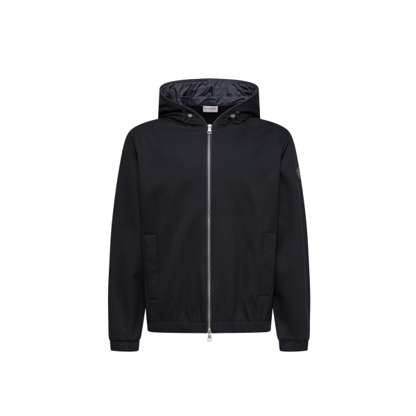 Sweat-shirt zippé cardigan MONCLER en coton mélangé bleu marine à capuche doublée logo cuir