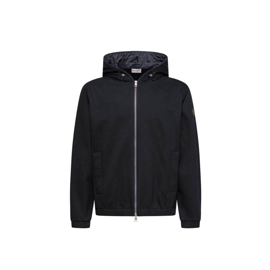 Sweat-shirt zippé cardigan MONCLER en coton mélangé bleu marine à capuche doublée logo cuir