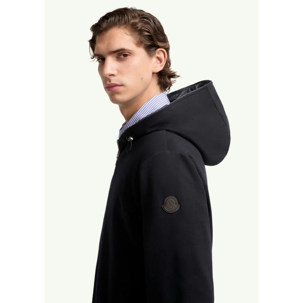 Sweat-shirt zippé cardigan MONCLER en coton mélangé bleu marine à capuche doublée logo cuir