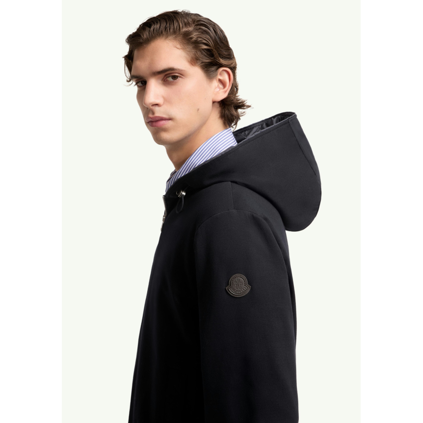 Sweat-shirt zippé cardigan MONCLER en coton mélangé bleu marine à capuche doublée logo cuir