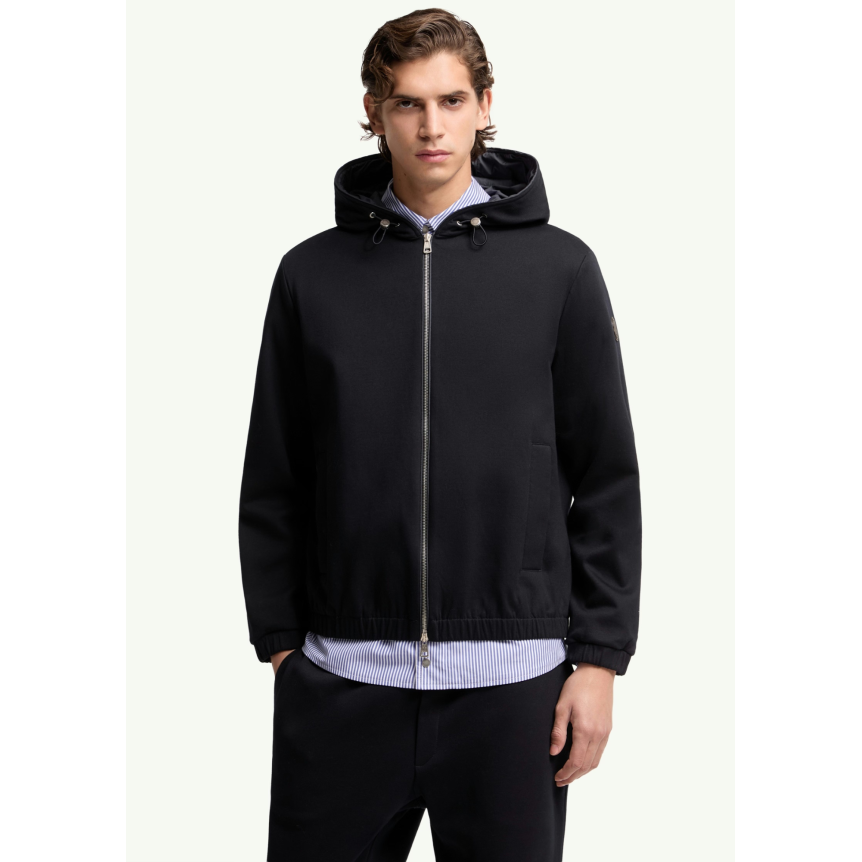 Sweat-shirt zippé cardigan MONCLER en coton mélangé bleu marine à capuche doublée logo cuir