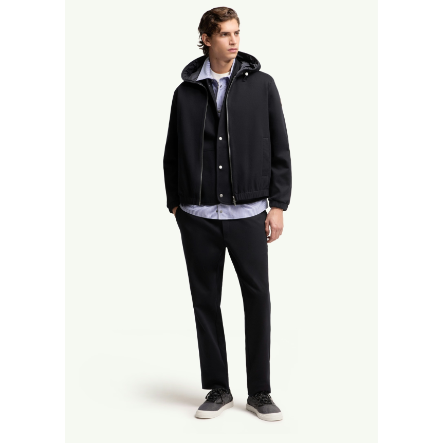 Sweat-shirt zippé cardigan MONCLER en coton mélangé bleu marine à capuche doublée logo cuir