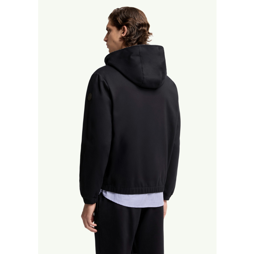 Sweat-shirt zippé cardigan MONCLER en coton mélangé bleu marine à capuche doublée logo cuir