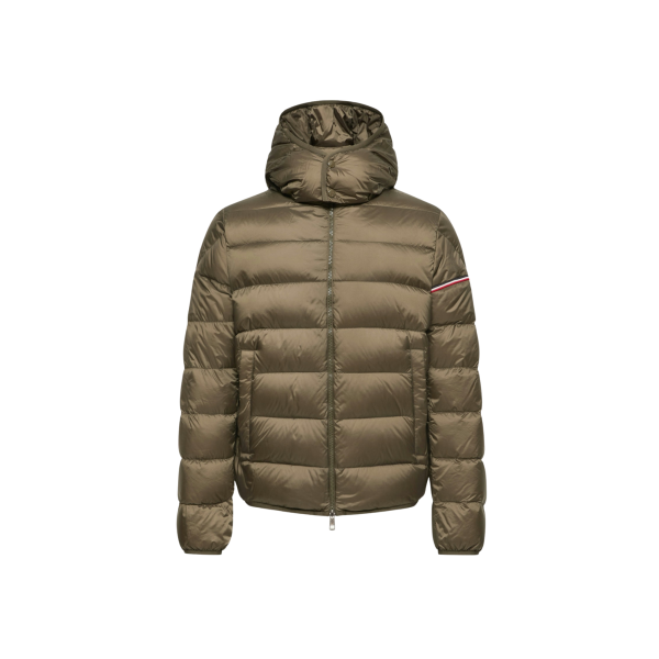 Doudoune courte à capuche MONCLER Ravenlock nylon kaki bande tricolore manche