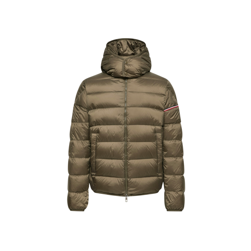 Doudoune courte à capuche MONCLER Ravenlock nylon kaki bande tricolore manche