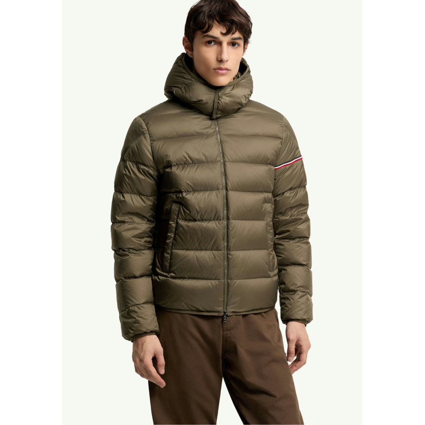 Doudoune courte à capuche MONCLER Ravenlock nylon kaki bande tricolore manche