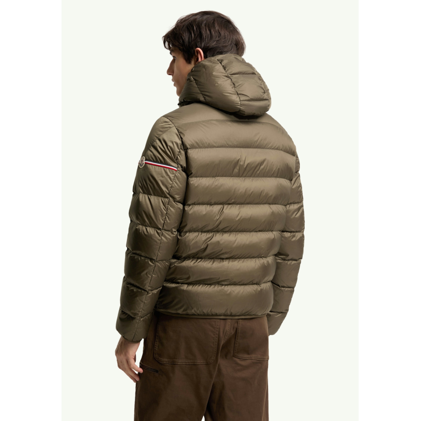 Doudoune courte à capuche MONCLER Ravenlock nylon kaki bande tricolore manche
