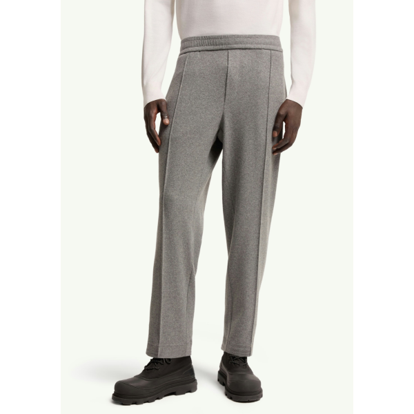 Pantalon ample en flanelle laine mélangée gris à logo en cuir