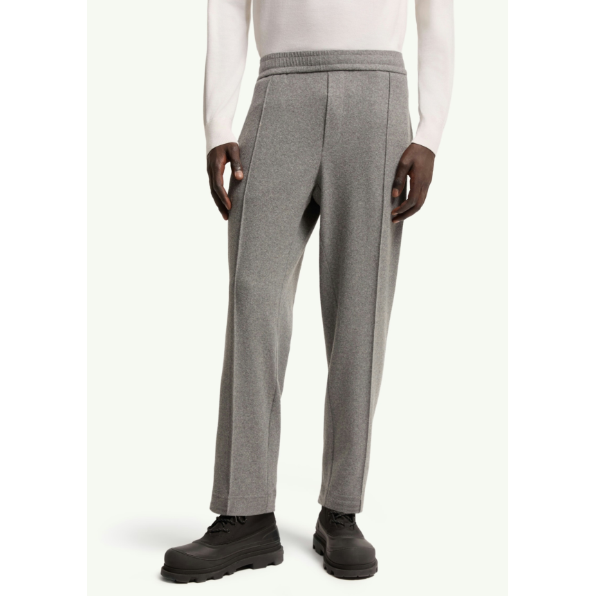 Pantalon ample en flanelle laine mélangée gris à logo en cuir