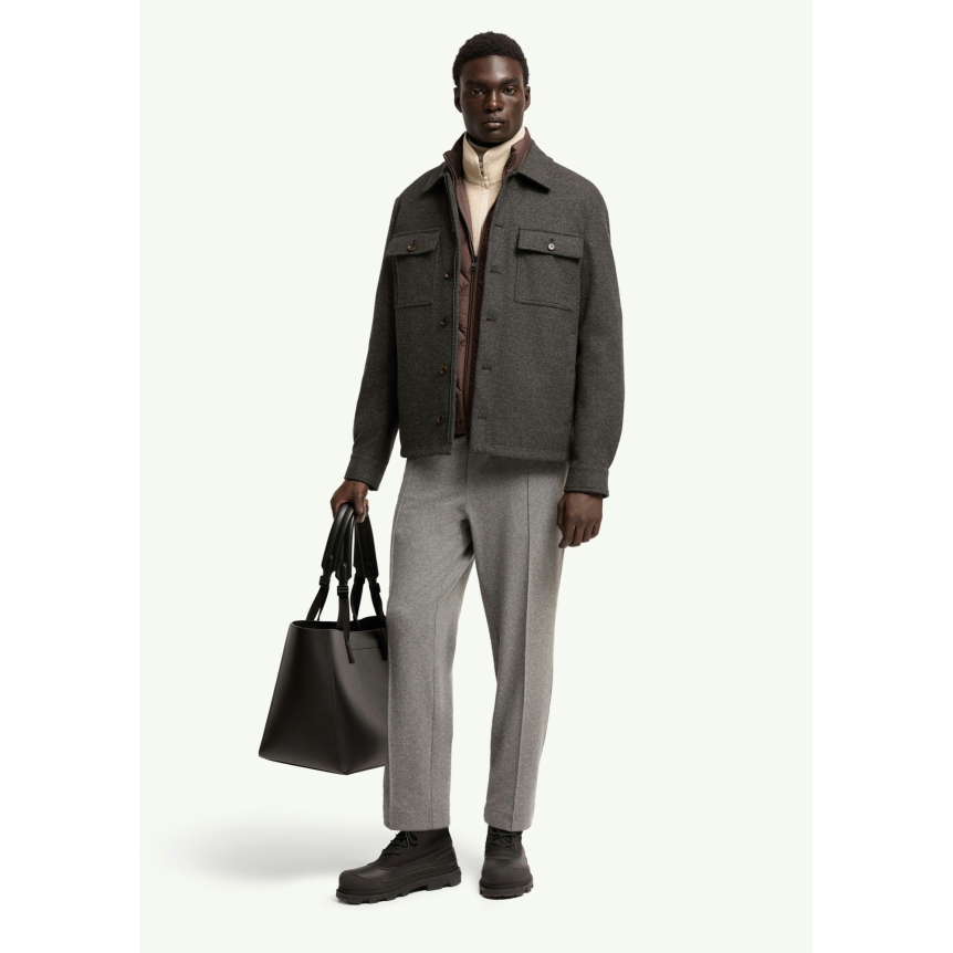 Pantalon ample en flanelle laine mélangée gris à logo en cuir