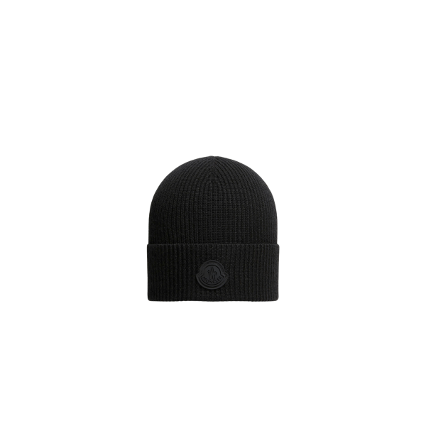 Bonnet MONCLER en laine noir à logo noir bande tricolore arrière