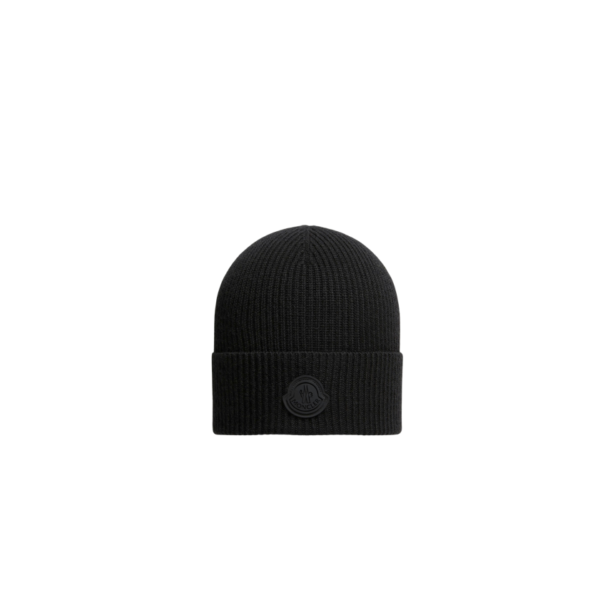 Bonnet MONCLER en laine noir à logo noir bande tricolore arrière