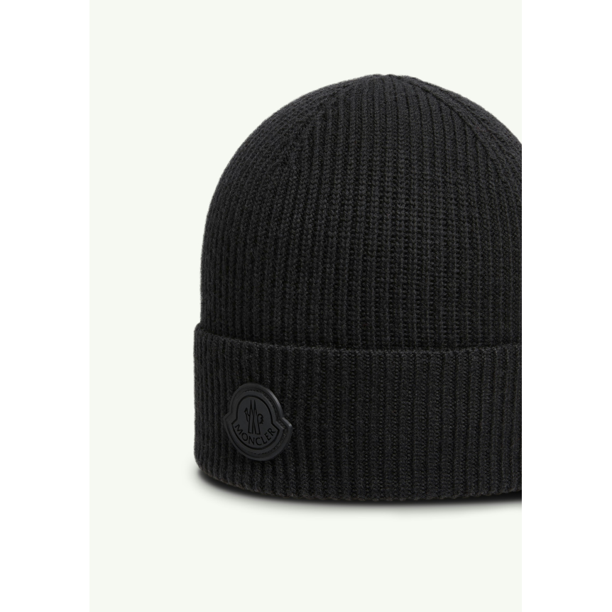 Bonnet MONCLER en laine noir à logo noir bande tricolore arrière