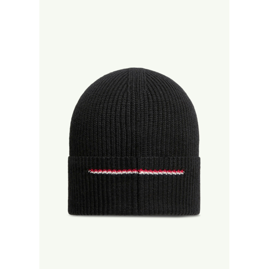 Bonnet MONCLER en laine noir à logo noir bande tricolore arrière