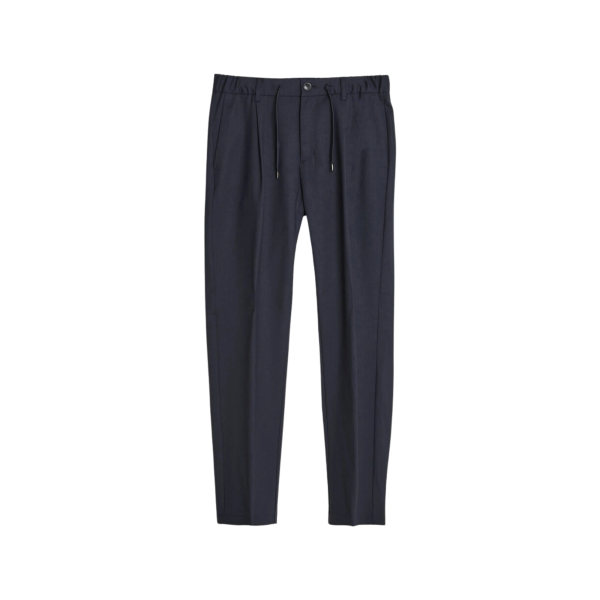 Pantalon ample MONCLER en flanelle laine mélangée bleu marine à logo en cuir