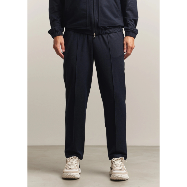 Pantalon ample MONCLER en flanelle laine mélangée bleu marine à logo en cuir