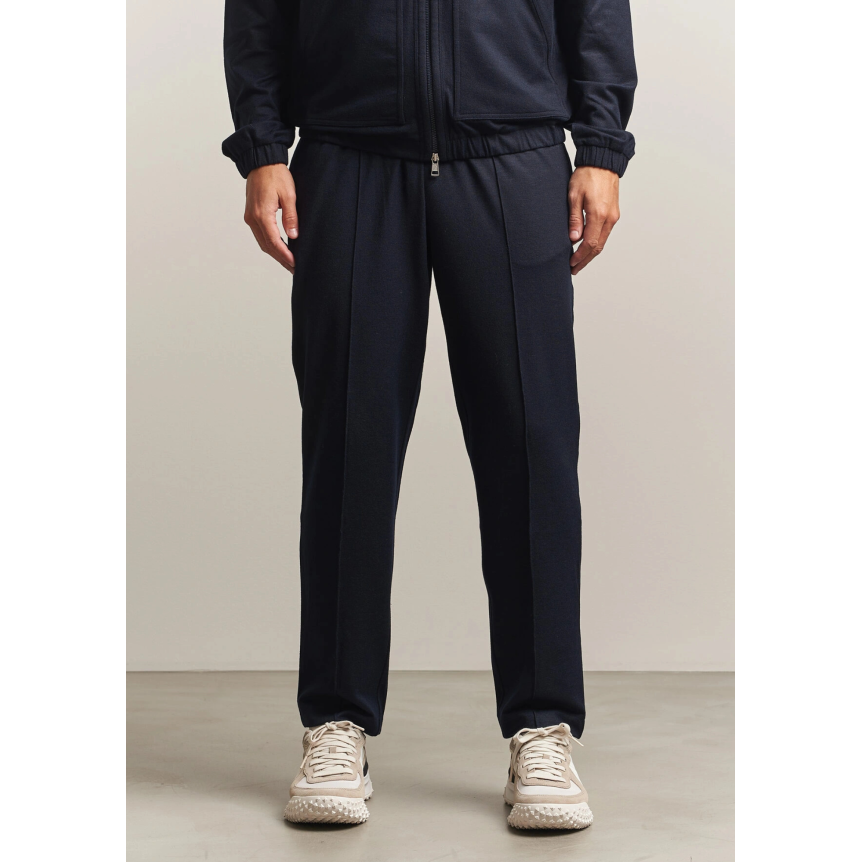 Pantalon ample MONCLER en flanelle laine mélangée bleu marine à logo en cuir