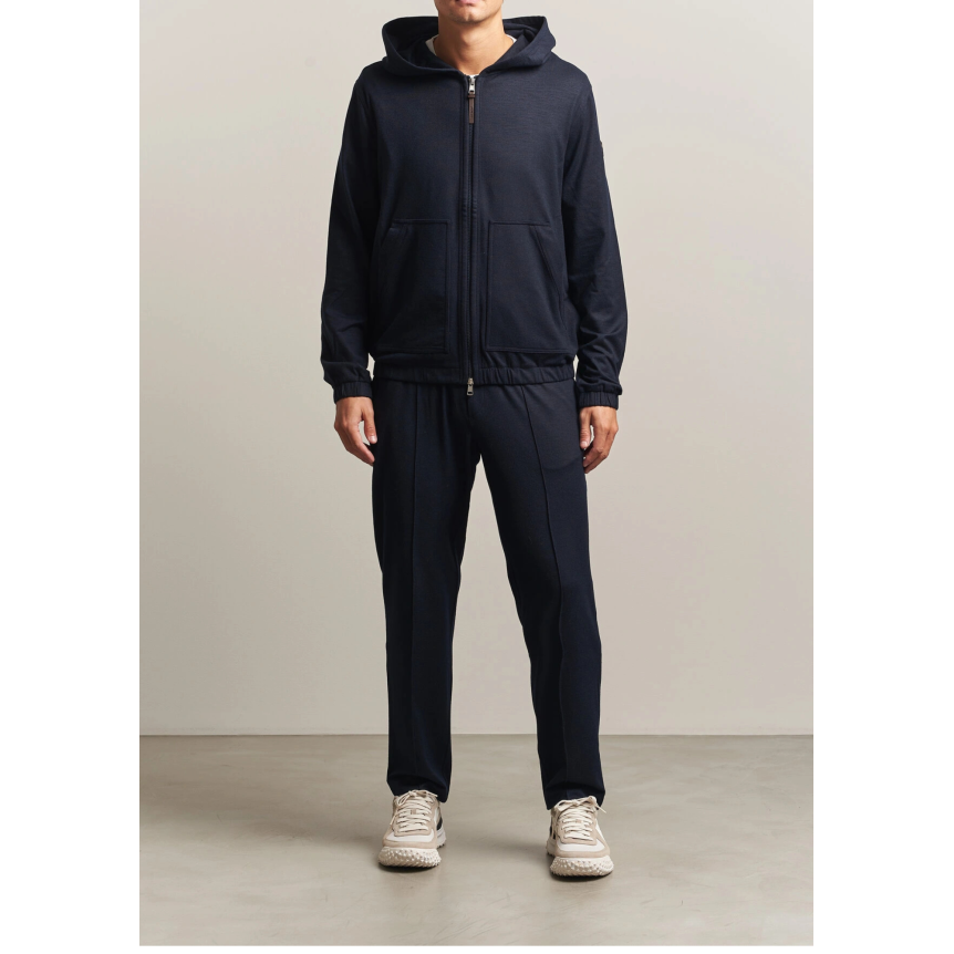 Pantalon ample MONCLER en flanelle laine mélangée bleu marine à logo en cuir