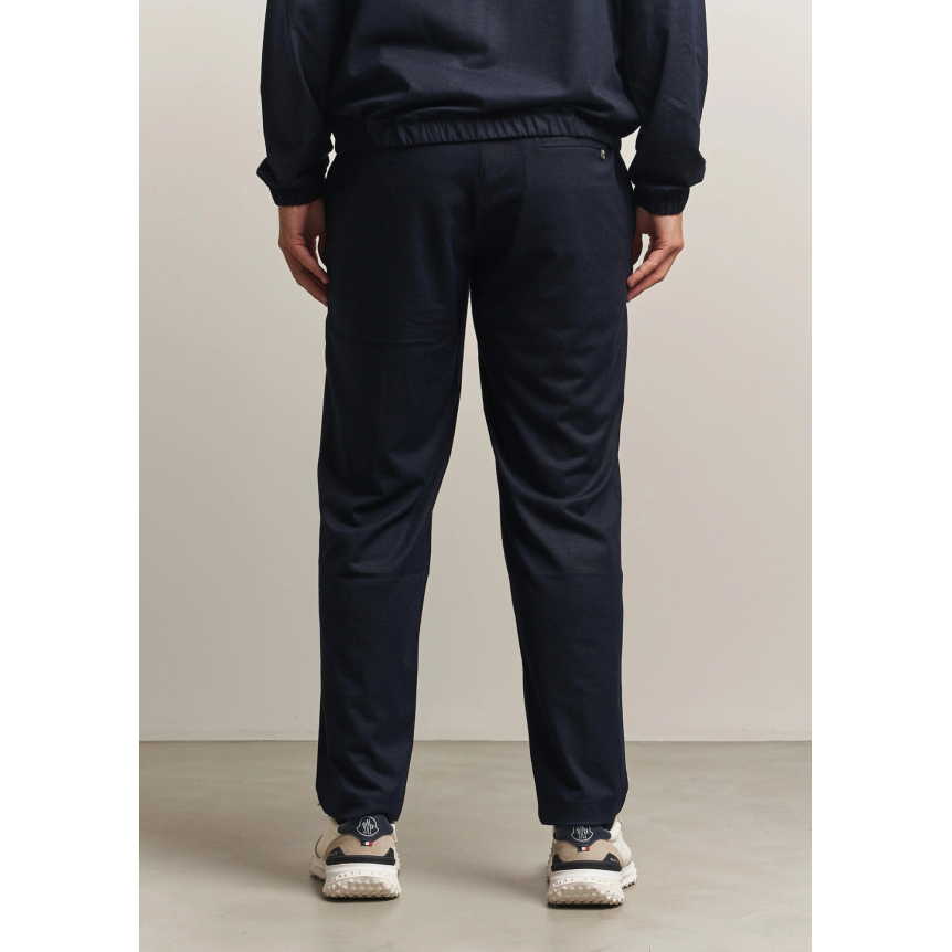 Pantalon ample MONCLER en flanelle laine mélangée bleu marine à logo en cuir