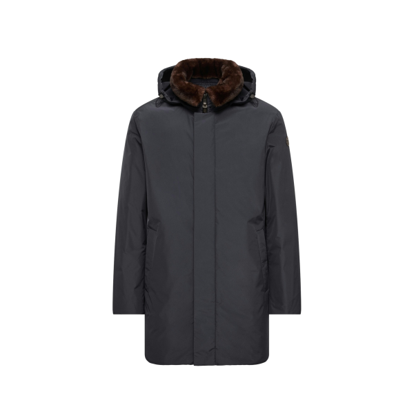 Parka longue à capuche MONCLER Okefen polyester bleu marine capuche intérieur marron