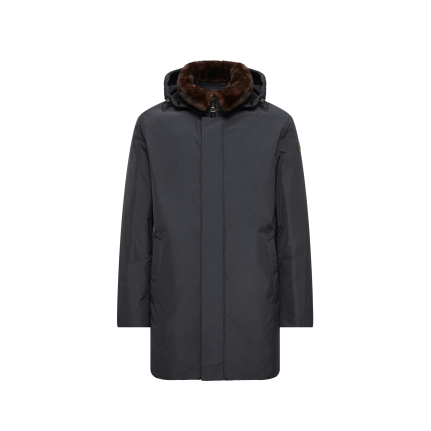 Parka longue à capuche MONCLER Okefen polyester bleu marine capuche intérieur marron