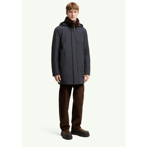 Parka longue à capuche MONCLER Okefen polyester bleu marine capuche intérieur marron