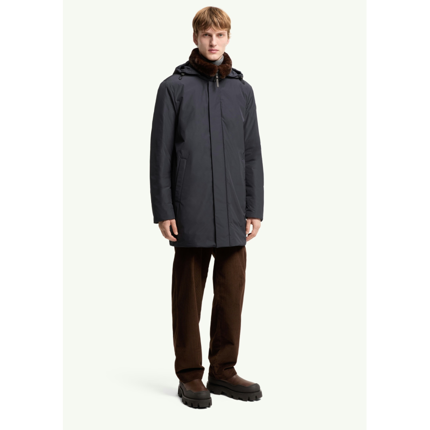 Parka longue à capuche MONCLER Okefen polyester bleu marine capuche intérieur marron