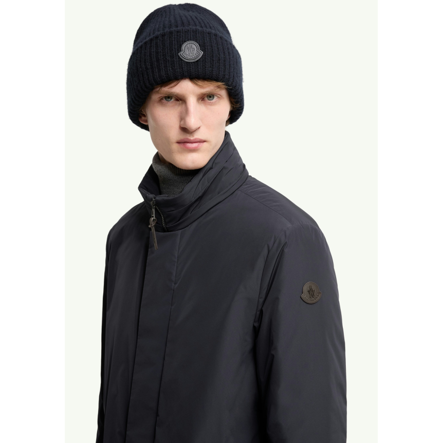 Parka longue à capuche MONCLER Okefen polyester bleu marine capuche intérieur marron