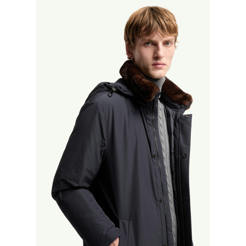 Parka longue à capuche MONCLER Okefen polyester bleu marine capuche intérieur marron