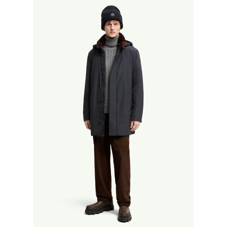 Parka longue à capuche MONCLER Okefen polyester bleu marine capuche intérieur marron